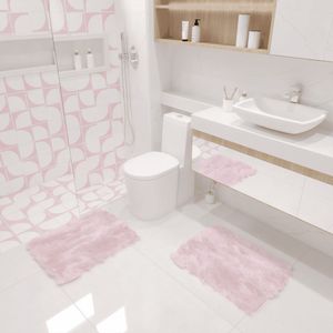 Kit Tapete Banheiro Felpudo Peludo Rosa Bebe 40 X 60 Cm