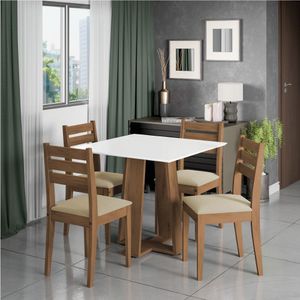 Conjunto De Mesa Sala De Jantar Athenas Quadrada 0,90m 4 Cadeiras Dakar Cedro Off White Bege Dobuê