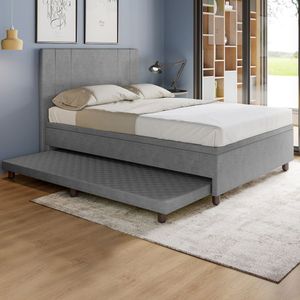 Base Box Casal Com Cama Auxiliar Com Colchão Conjugado Veludo - Skybox Cor Cinza
