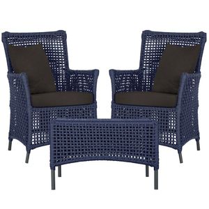 2 Poltronas E 1 Mesa Igapó Alumínio Preta Corda Náutica E9 Azul
