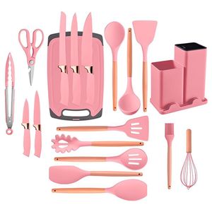 Kit Completo De Cozinha 19 Utensílios Com Cabo De Madeira E Silicone Tábua De Corte Inclusa - Rosa