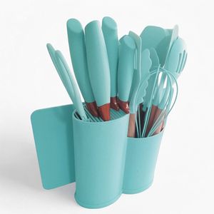 Conjunto De 19 Utensílios De Cozinha Em Silicone Com Cabos De Madeira E Base Oval - Ciano