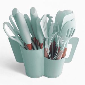 Jogo De Cozinha 19 Utensílios De Silicone E Madeira Com Tábua De Corte Porta Talher Oval Verde