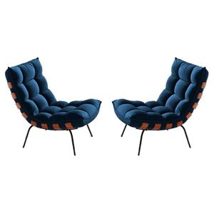 Conjunto Poltrona Costela Tecido Veludo Azul Marinho