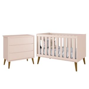 Jogo De Quarto Infantil Theo Retrô Cômoda 3 Gavetas E Berço Rosa Fosco Com Pés Amadeirado - Reller Móveis Rosa Fosco