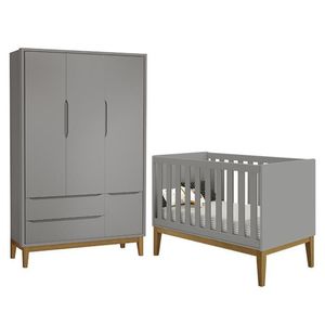 Jogo De Quarto Infantil Guarda Roupa 3 Portas E Berço Classic Cinza Fosco Com Pés Amadeirado - Reller Móveis Cinza Fosco