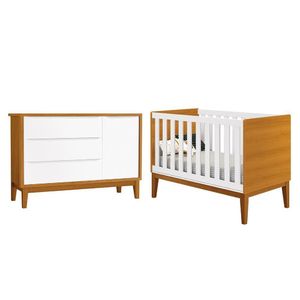 Jogo De Quarto Infantil Cômoda 1 Porta E Berço Classic Branco Savana Com Pés Amadeirado - Reller Móveis Branco Savana