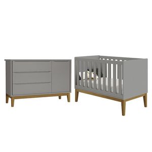 Jogo De Quarto Infantil Cômoda 1 Porta E Berço Classic Cinza Fosco Com Pés Amadeirado - Reller Móveis Cinza Fosco