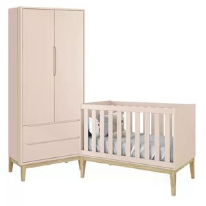 Jogo De Quarto Classic Guarda Roupa 2 Portas E Berço Rosa Fosco Com Pés Madeira Natural - Reller Móveis Rosa Fosco