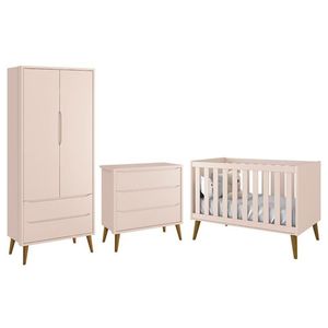 Dormitório Infantil Theo Retrô 2 Portas, Cômoda E Berço Rosa Fosco Com Pés Amadeirado - Reller Móveis Rosa Fosco