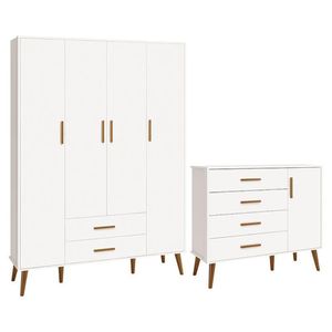 Jogo De Quarto Infantil Isis Guarda Roupa 4 Portas E Cômoda 1 Porta Branco - Reller Móveis Branco