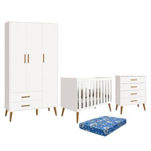 Dormitório Infantil Isis Guarda Roupa 3 Portas, Cômoda E Berço Branco Com Colchão - Reller Móveis Branco