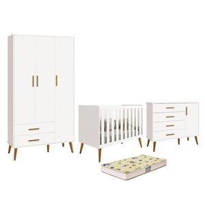 Dormitório Infantil Isis Guarda Roupa 3 Portas, Cômoda 1 Porta E Berço Branco Com Colchão D18 - Reller Móveis Branco