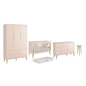 Dormitório Theo 3 Portas, Mesa De Canto Rosa Com Pés Madeira Natural E Colchão D18 - Reller Móveis Rosa