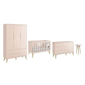 Dormitório Theo 3 Portas E Mesa De Canto Rosa Com Pés Madeira Natural - Reller Móveis Rosa