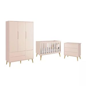 Dormitório Theo 3 Portas E Cômoda 3 Gavetas Rosa Com Pés Madeira Natural - Reller Móveis Rosa