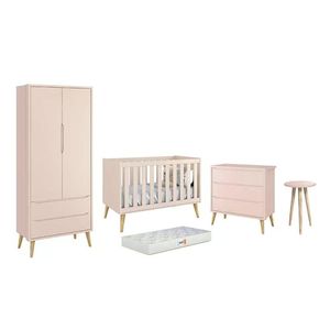 Dormitório Theo 2 Portas, Mesa De Canto Rosa Com Pés Madeira Natural E Colchão D18 - Reller Móveis Rosa