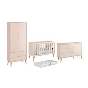 Dormitório Theo 2 Portas, Cômoda Com Porta Rosa Com Pés Madeira Natural E Colchão D18 - Reller Móveis Rosa