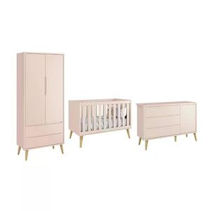 Dormitório Theo 2 Portas E Cômoda 1 Porta Rosa Com Pés Madeira Natural - Reller Móveis Rosa