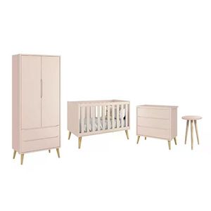 Dormitório Theo 2 Portas E Mesa De Canto Rosa Com Pés Madeira Natural - Reller Móveis Rosa