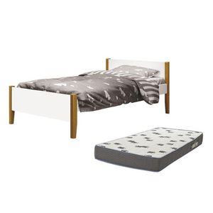 Cama Solteiro Simba Branco Fosco Pés Amadeirado Com Colchão D33 - Reller Móveis Branco Fosco