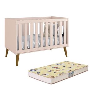 Berço Mini Cama Theo Retrô Rosa Fosco Com Pés Amadeirado E Colchão D18 - Reller Móveis Rosa Fosco