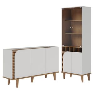 Sala De Jantar Jurerê Com Cristaleira E Buffet Aparador Off White Matte Freijó - Colibri Off White Matte Freijó
