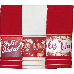 Kit 3 Toalha Lavabo Natalina Jacquard 30x45cm Vermelho-creme