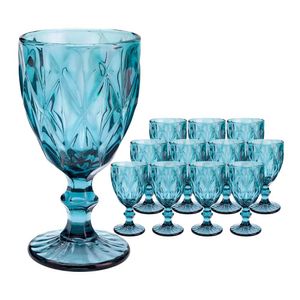 Jogo 12 Taças De Vidro Diamond Diamante Azul 300ml água Class Home