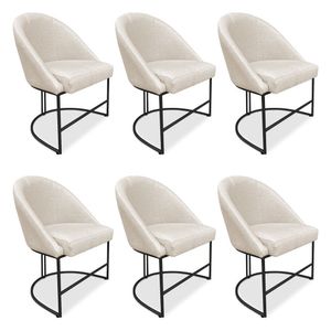 Kit 06 Cadeiras Poltrona De Jantar Bela Linho Bege Base Metálica Industrial Preto - Pallazio