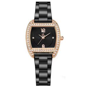 Relógio Feminino Em Aço Inoxidavel Quadrado De Quartzo Design Com Strass Preto