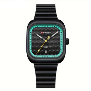 Relógio Quadrado Data Característica Pulseira De Aço Inoxidável à Prova D'água Verde