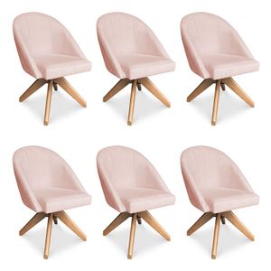 Kit 06 Poltronas Cadeira Giratória Bela Suede Rosa Bebê Base De Madeira - Pallazio
