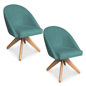 Kit 02 Poltronas Cadeira Giratória Bela Suede Base De Madeira - Pallazio Azul Turquesa