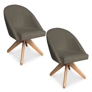 Kit 02 Poltronas Cadeira Giratória Bela Suede Marrom Rato Base De Madeira - Pallazio