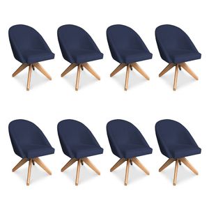 Kit 08 Poltronas Cadeira Giratória Bela Suede Azul Marinho Base De Madeira - Pallazio