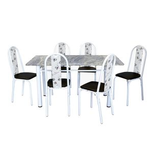 Conjunto De Mesa Michelly Com 06 Cadeiras 150x75cm Moura Branco-preto-branco Floral