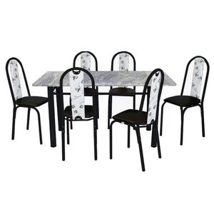 Conjunto De Mesa Michelly Com 06 Cadeiras 150x75cm Moura Preto Com Branco Floral