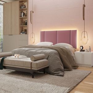 Cabeceira Estofada Cama Box Casal Com Led Splend 140 Cm Veludo Rosê