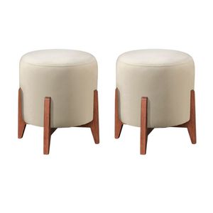 Kit 2 Puff Decorativo Para Sala Redondo Luxo Selena Linho Marfim