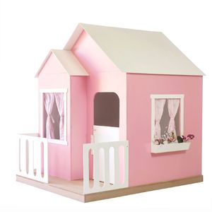 Casinha De Brinquedo Artesanal Janela Lateral Versátil Com Cortinas Mdf Rosa/branco L12 - Criança Feliz