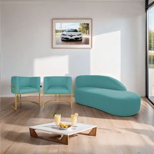 Kit Divã Luna 160cm Lado Direito E 02 Poltronas Base De Ferro Dourado Suede Cor Azul Turquesa