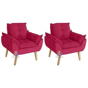 Kit 02 Poltrona-cadeira Decorativa Glamour Com Pés Quadrado Vermelho
