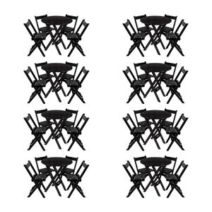 Kit 8 Conjuntos Mesa Redondo 70cm Dobrável Com 4 Cadeiras Em Madeira Maciça - Preto - Preto