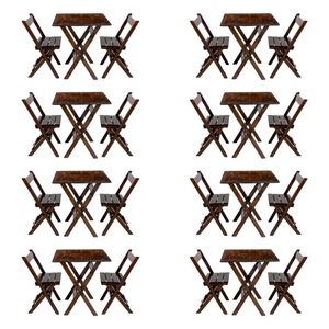 Kit 8 Conjuntos Mesa Dobrável Para Bar E Restaurante 60x60cm Com 2 Cadeiras Em Madeira Maciça - Imbu - Marrom