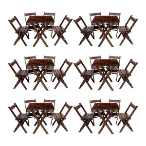 Kit 6 Conjuntos Mesa Dobrável 70x70cm Para Bar Com 4 Cadeiras Em Madeira Maciça - Imbuia - Marrom