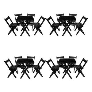 Kit 4 Conjuntos Mesa Dobrável 70x70 Com 4 Cadeiras Em Madeira Maciça - Preto - Preto