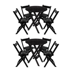 Kit 2 Conjuntos Mesa Redondo 70cm Dobrável Com 4 Cadeiras Em Madeira Maciça - Preto - Preto