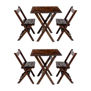 Kit 2 Conjuntos Mesa Dobrável Para Bar E Restaurante 60x60cm Com 2 Cadeiras Em Madeira Maciça - Imbu - Marrom