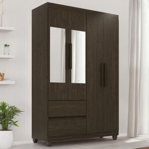 Guarda-roupa De Solteiro Madri 4 Portas 2 Gavetas Com Espelho - Tudo De Móveis Marrom